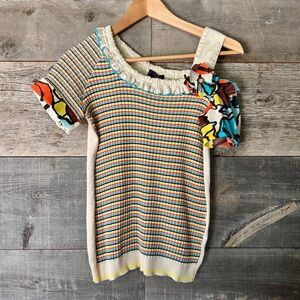 Tricot Chic Womens Italian Art to Wear Sweater One Shoulder Stripe Floral Boho 4